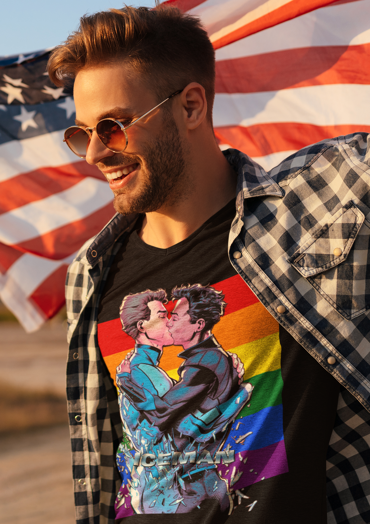 Super-héros Gay Kiss T-shirt unisexe à manches courtes