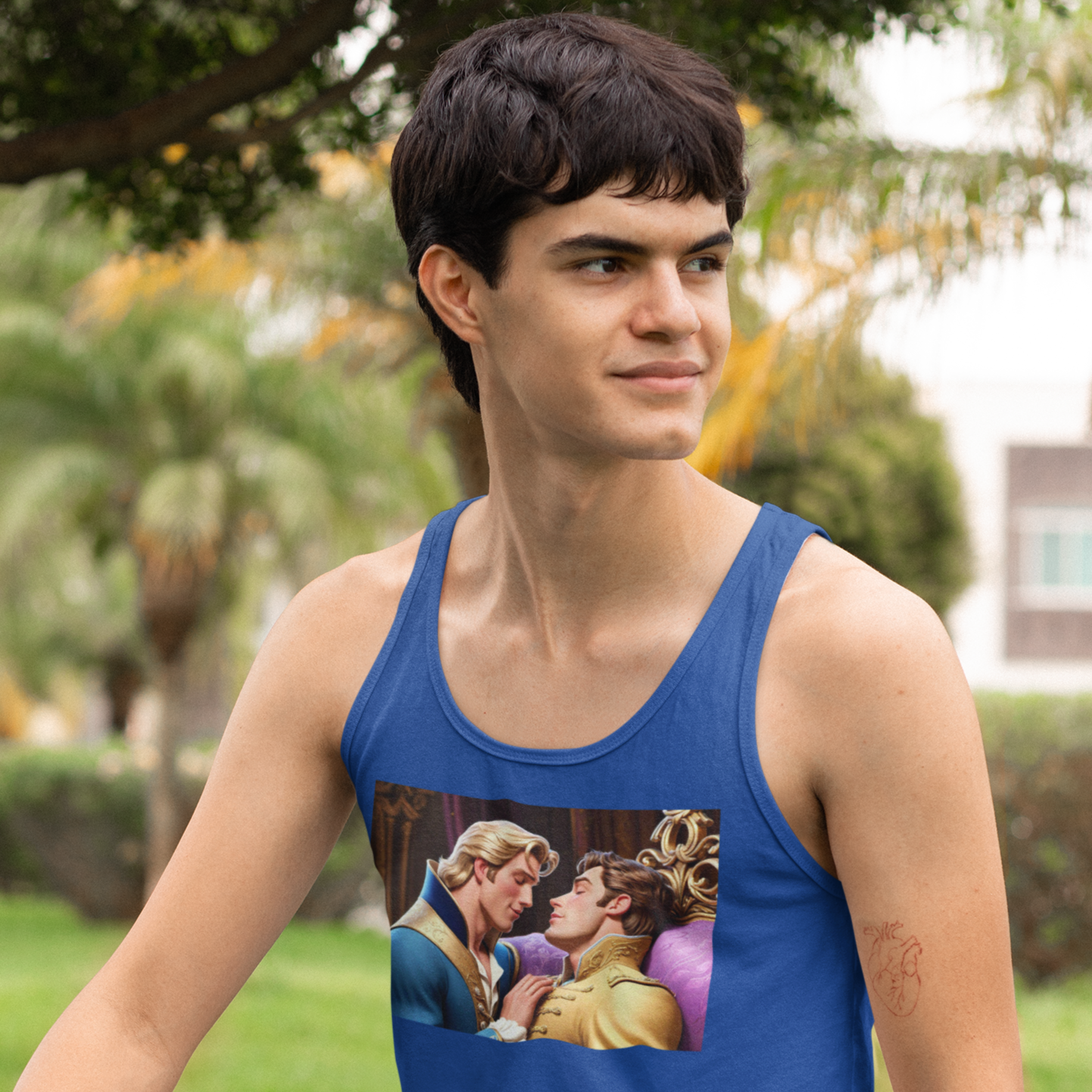 gay prince charming kissing gay sleeping beauty prince on a tank top shirt