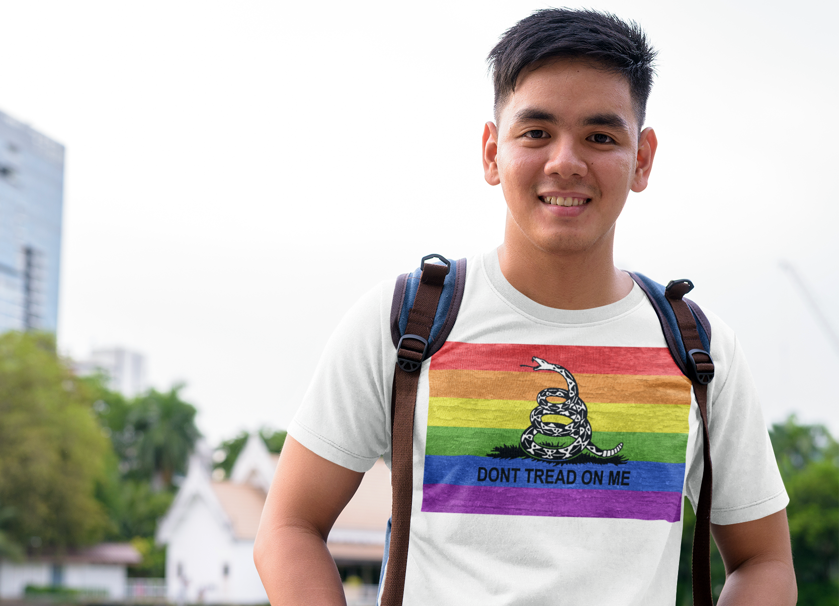 Out Gay Asian fan of Live Out Gear - Don't Tread on me Gay Flag T-Shirt