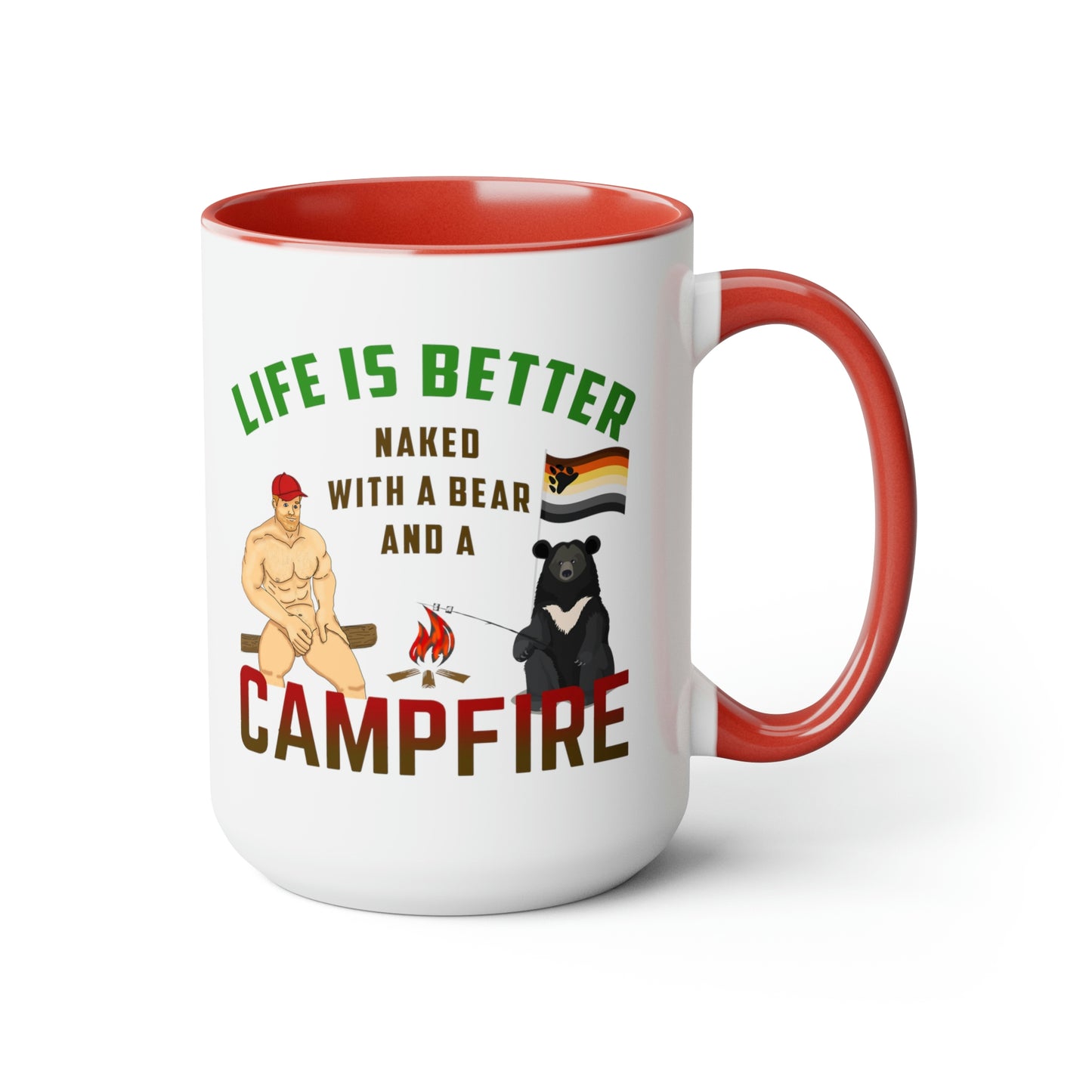 Taza de café bicolor La vida es mejor desnuda con un oso y una fogata, 15 oz