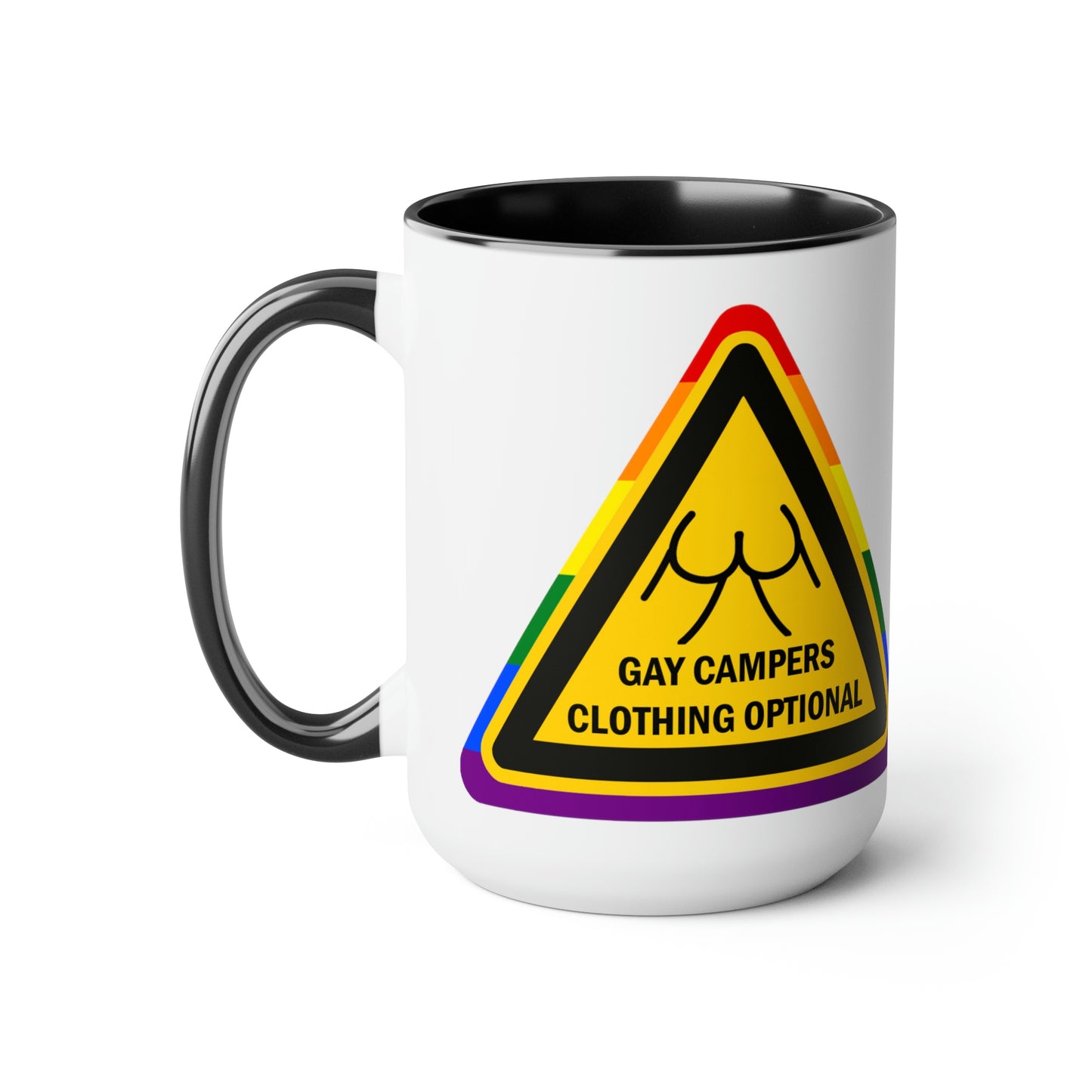 Campistas gay - Señal de advertencia opcional de ropa Tazas de café de dos tonos, 15 oz