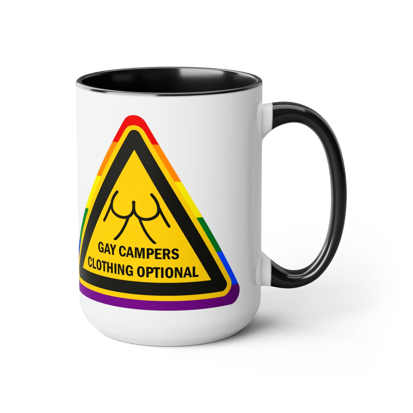 Campistas gay - Señal de advertencia opcional de ropa Tazas de café de dos tonos, 15 oz
