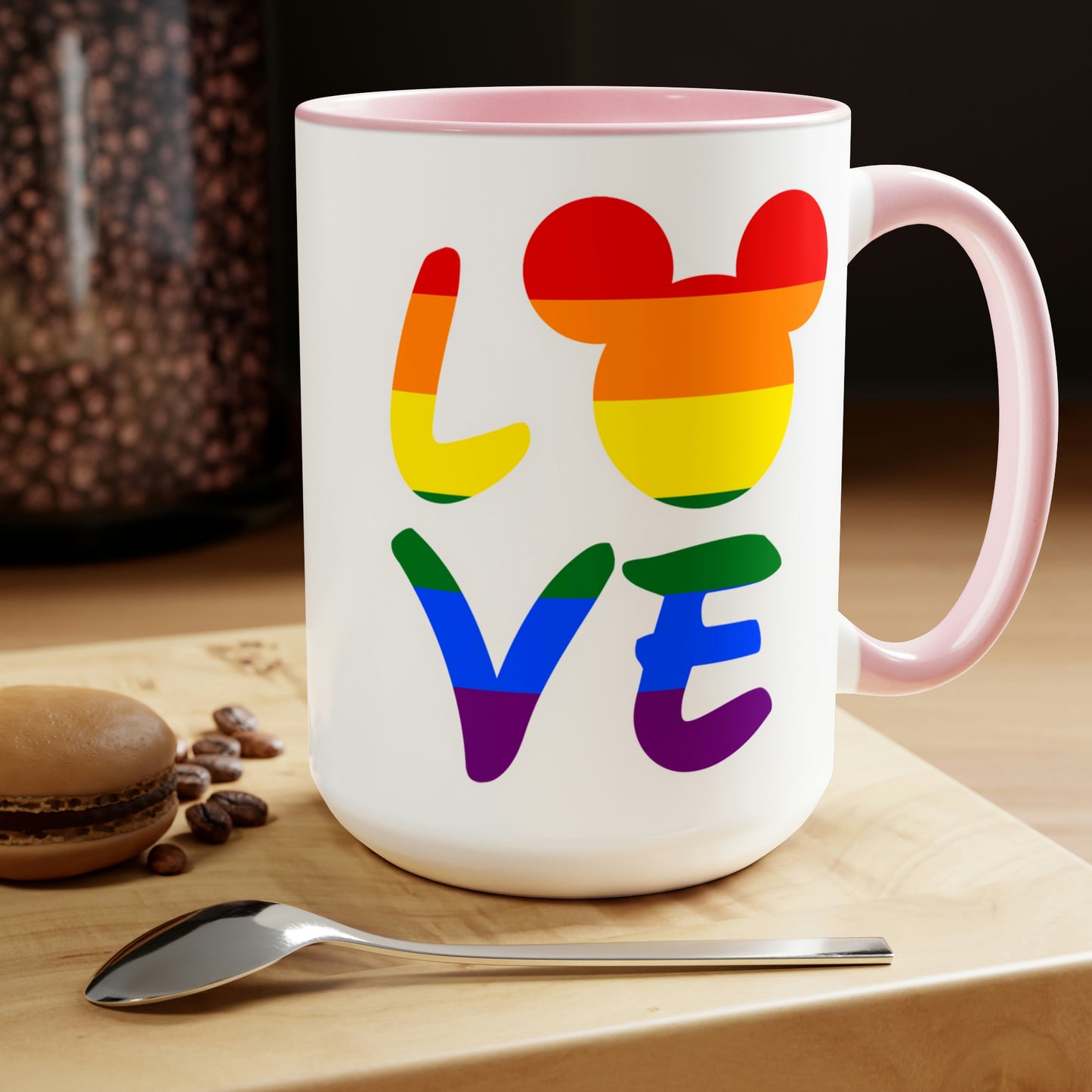 Tazas de café de dos tonos LGBTQ Rainbow Mouse LOVE, 15 oz