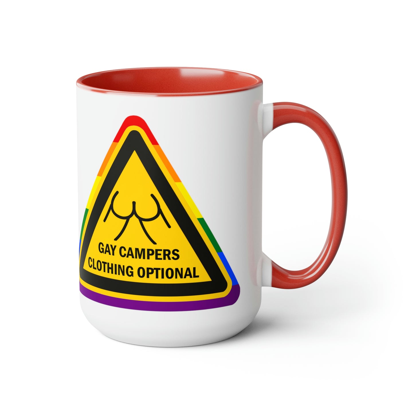 Campistas gay - Señal de advertencia opcional de ropa Tazas de café de dos tonos, 15 oz