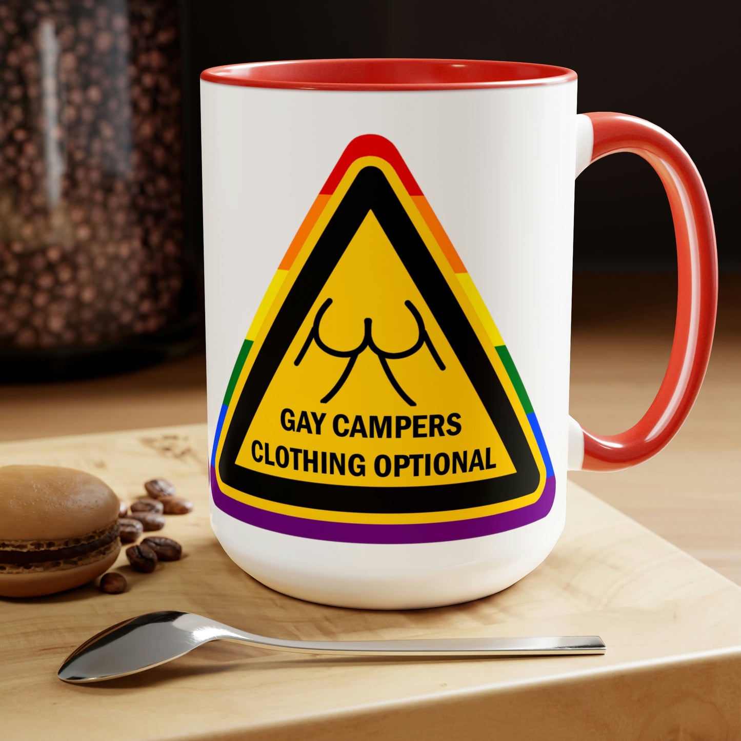 Campistas gay - Señal de advertencia opcional de ropa Tazas de café de dos tonos, 15 oz