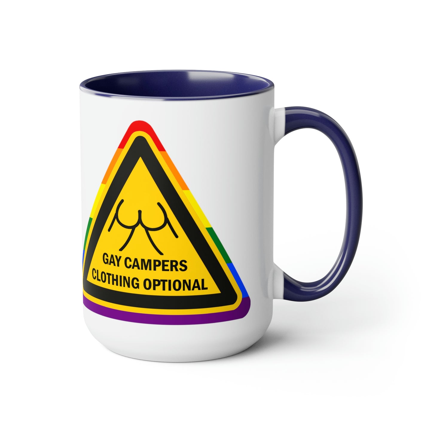 Campistas gay - Señal de advertencia opcional de ropa Tazas de café de dos tonos, 15 oz