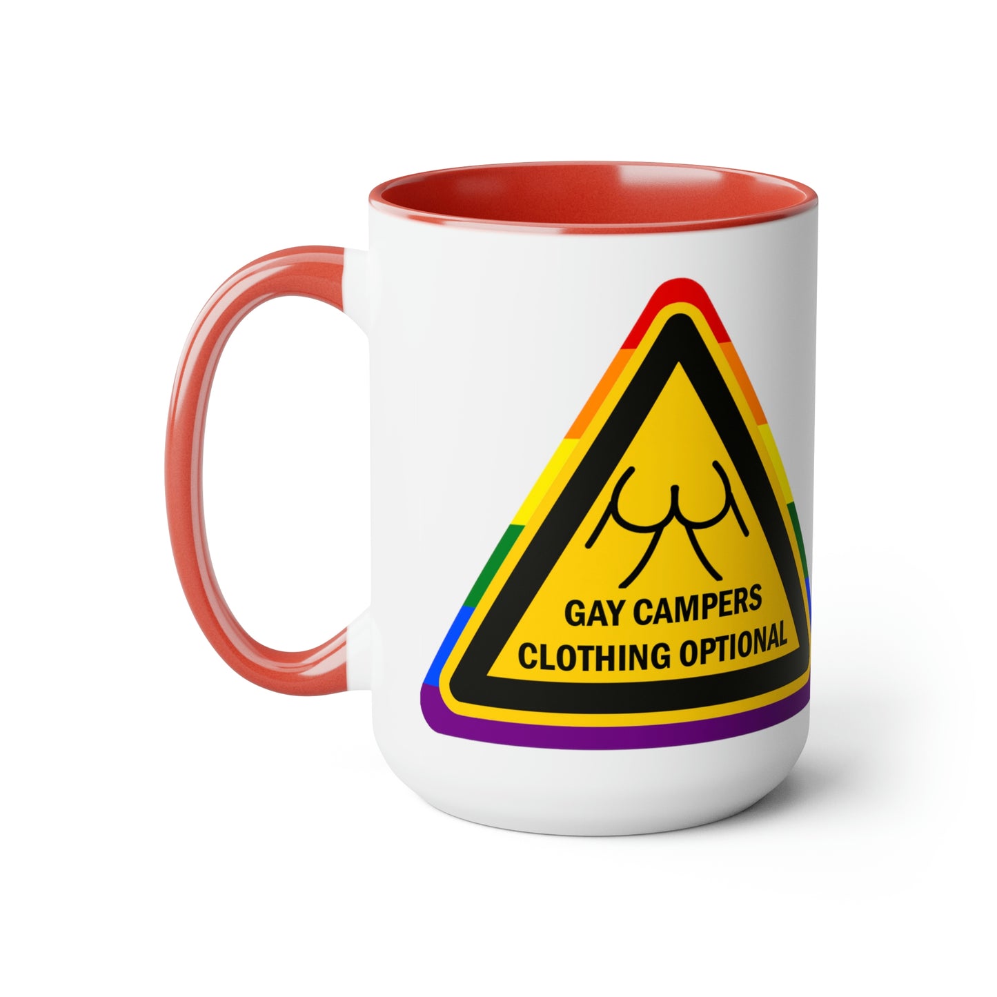Campistas gay - Señal de advertencia opcional de ropa Tazas de café de dos tonos, 15 oz