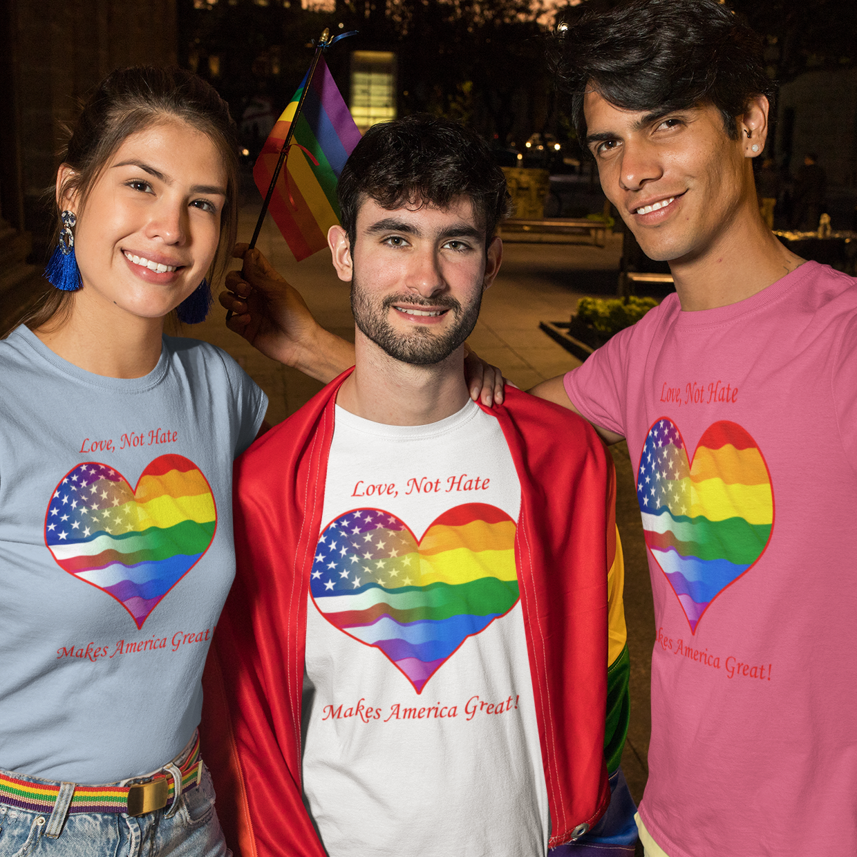 Love Not Hate LGBTQ American Pride T-shirt unisexe pour adulte