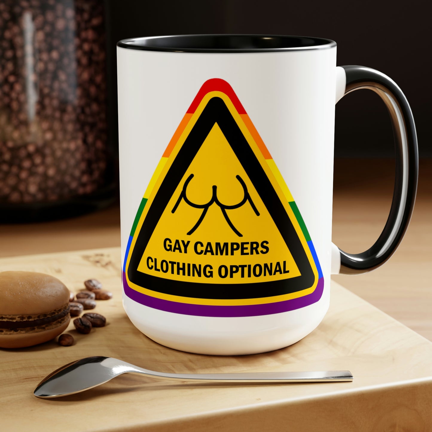 Campistas gay - Señal de advertencia opcional de ropa Tazas de café de dos tonos, 15 oz