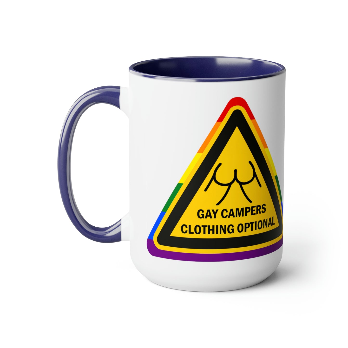 Campistas gay - Señal de advertencia opcional de ropa Tazas de café de dos tonos, 15 oz