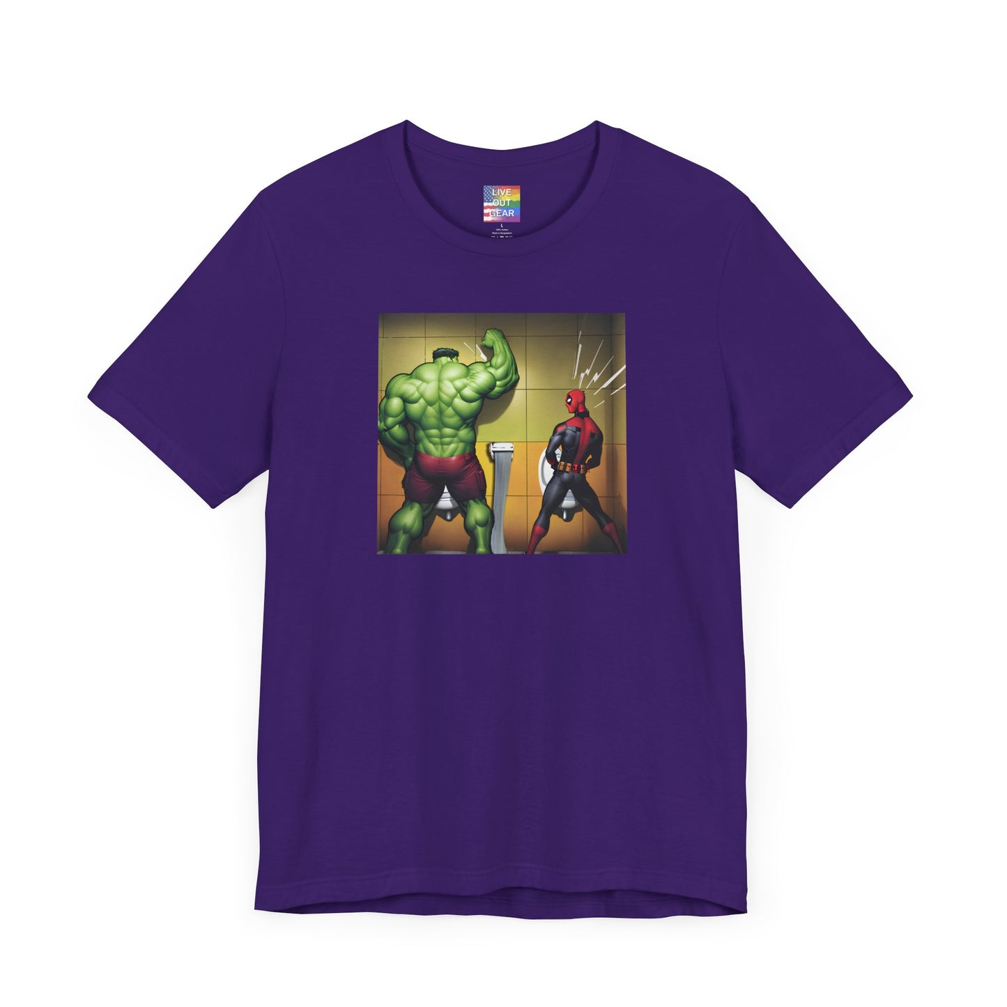 Purple Dare to Compare - Superheroes peeing at urinal t-shirt