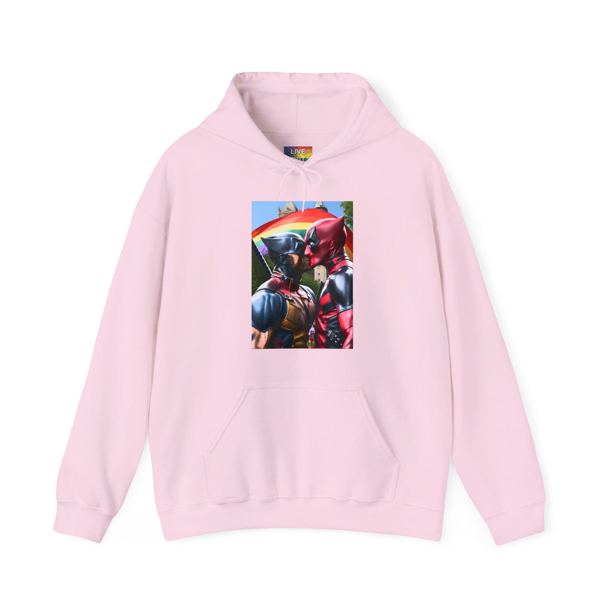 Deadpool Wolverine Superhero Kiss at Gay Pride Hooded Sweatshirt Pink Hoodie