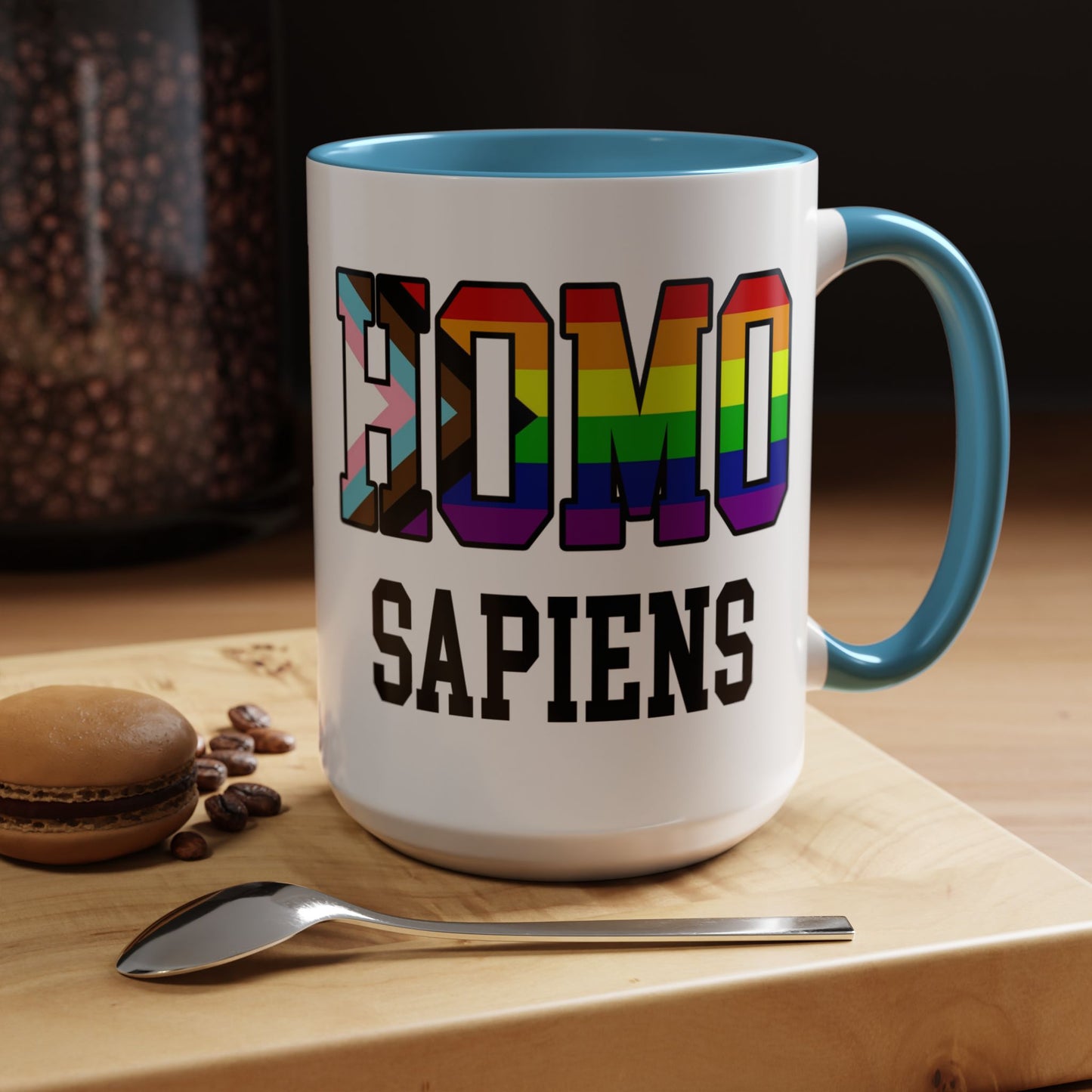 Progress Pride "HOMO SAPIENS" Accent Coffee Mug — Gay Pride Flag 15oz
