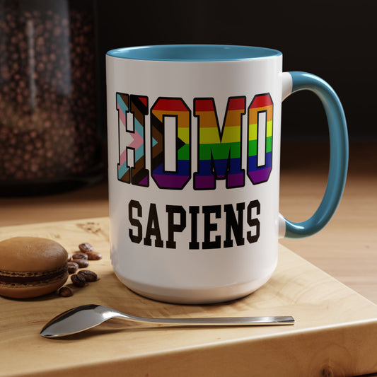 Progress Pride "HOMO SAPIENS" Accent Coffee Mug — Gay Pride Flag 15oz