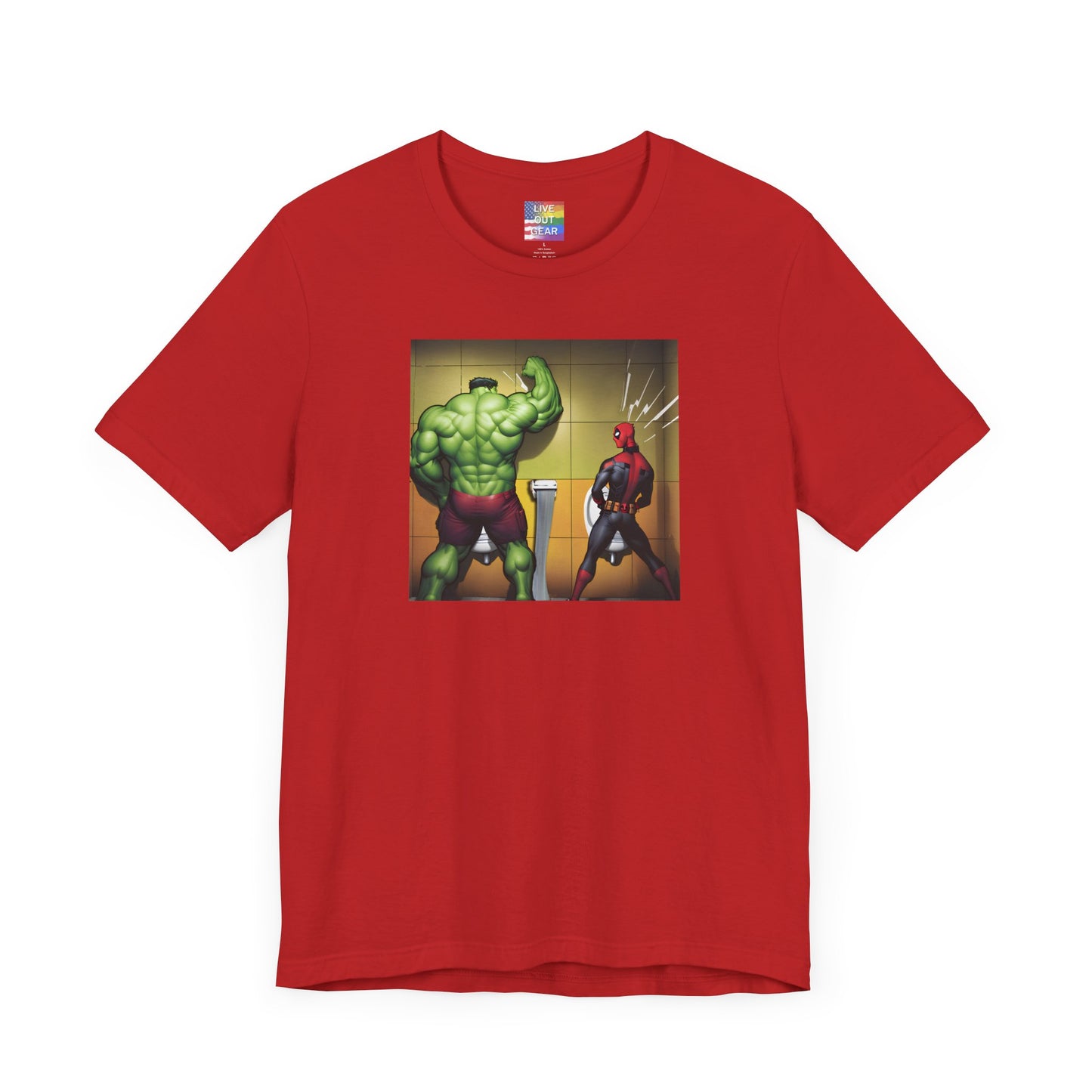 Red Dare to Compare - Superheroes peeing at urinal t-shirt