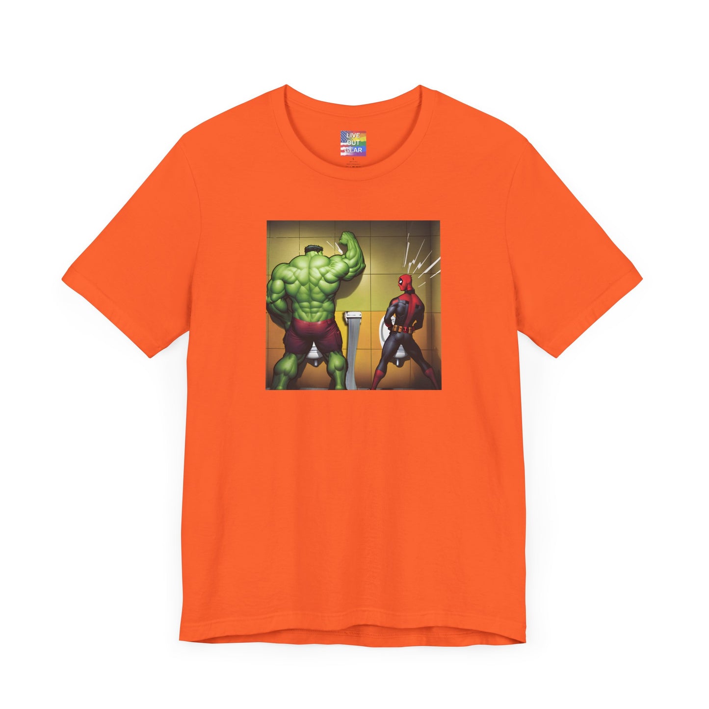 Orange Dare to Compare - Superheroes peeing at urinal t-shirt