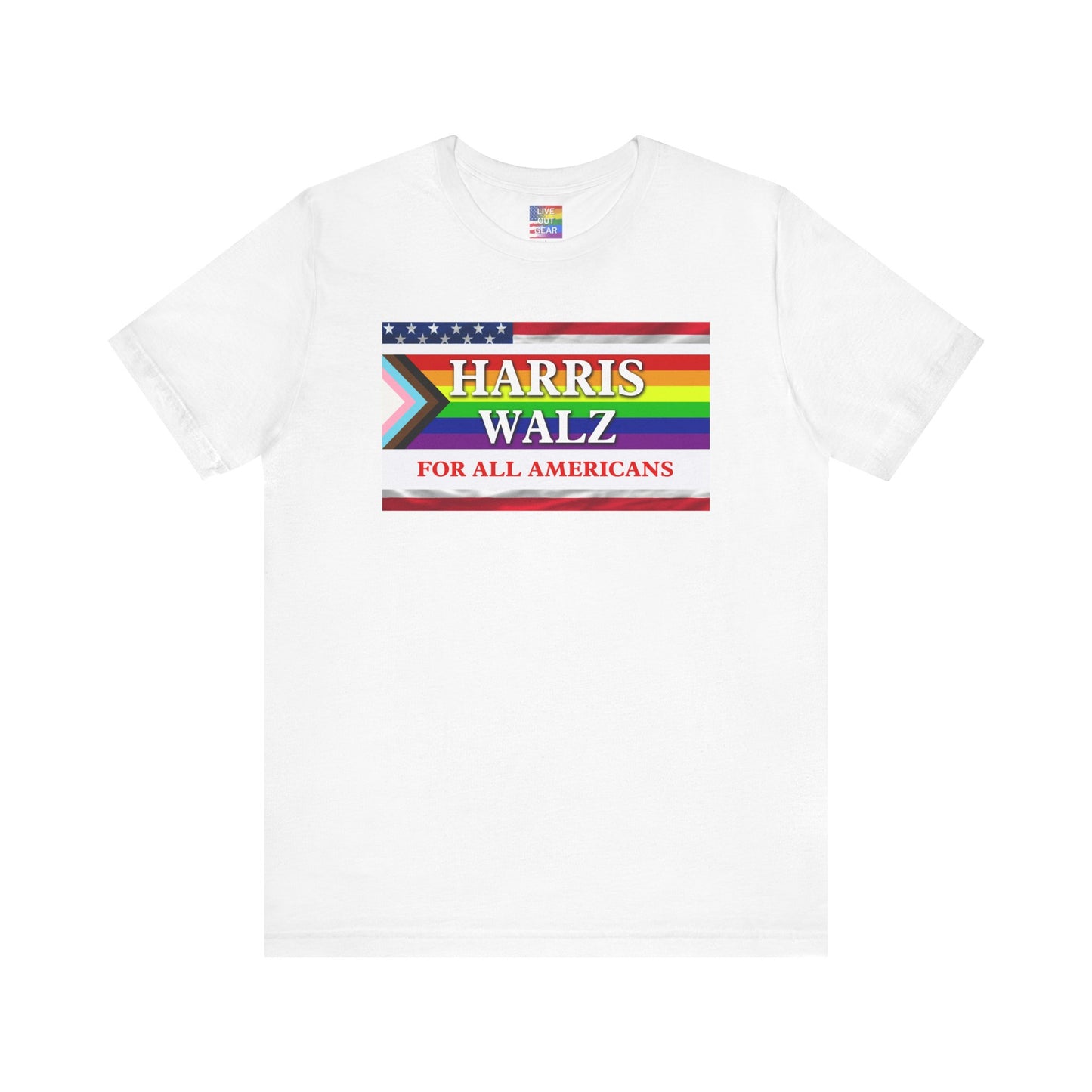 White Harris Walz 2024 Election T-Shirt for All Americans - LGBTQ+ Progress Pride Flag