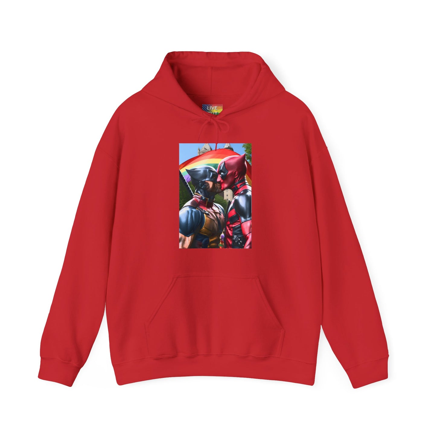 Deadpool Wolverine Superhero Kiss at Gay Pride Hooded Sweatshirt Red Hoodie