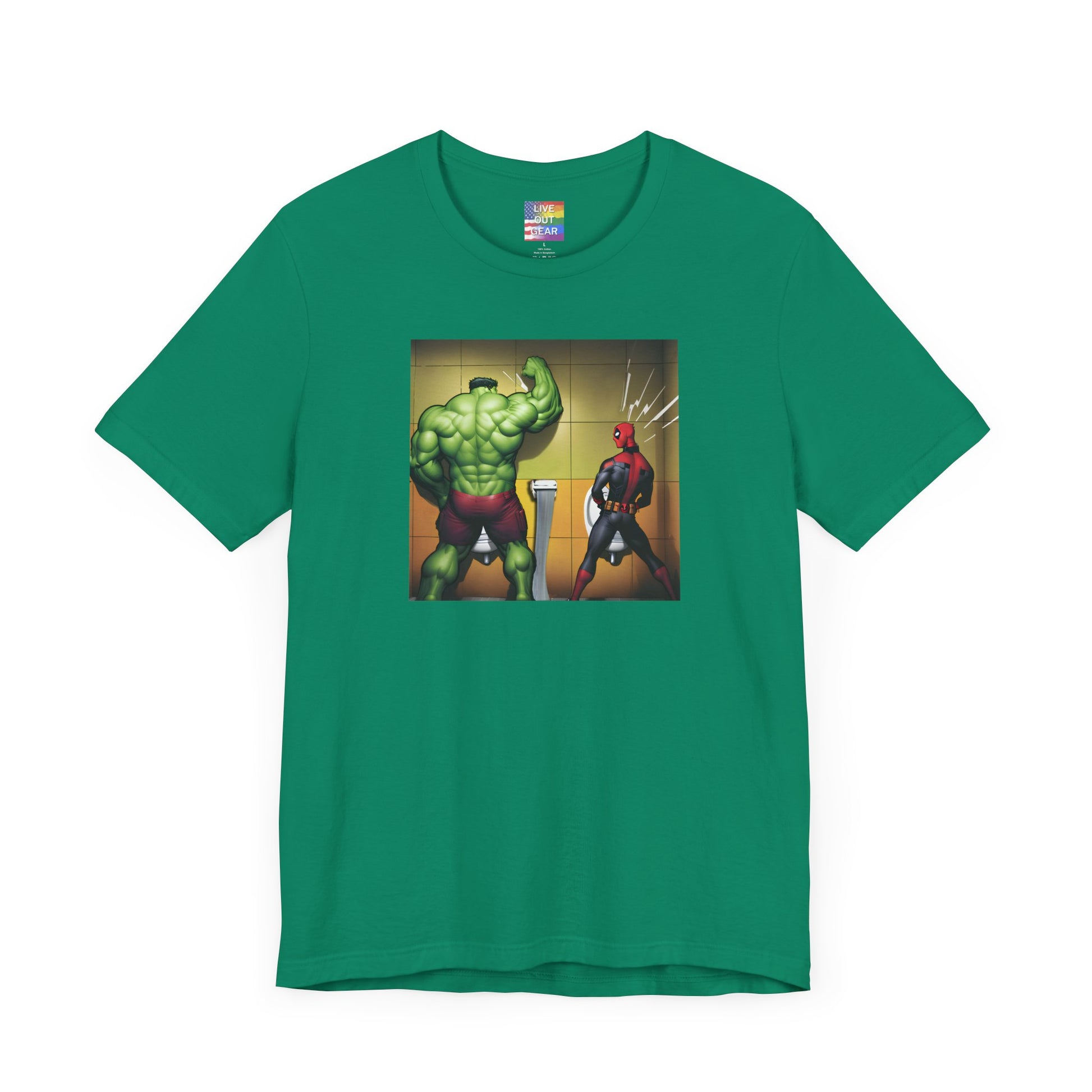 Green Dare to Compare - Superheroes peeing at urinal t-shirt