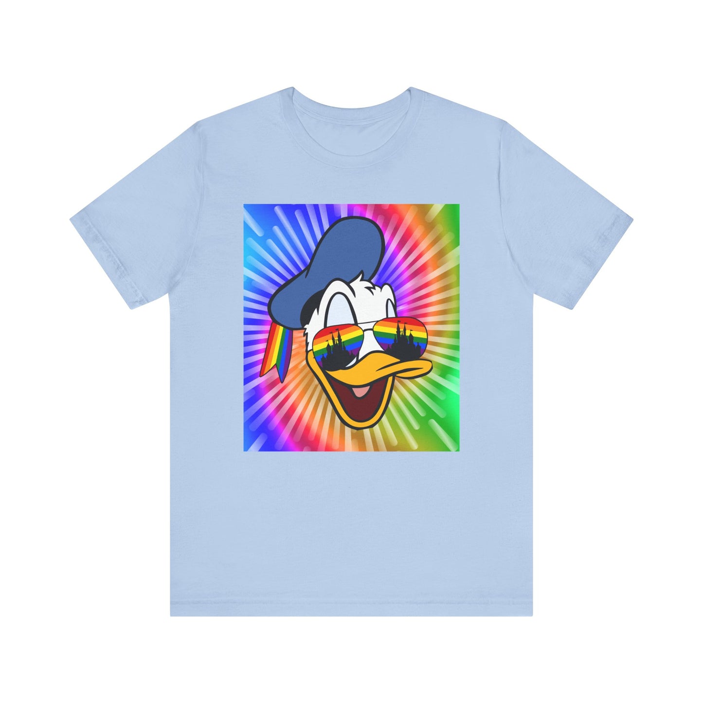 Light Blue Gay Duck Sees Rainbows T-Shirt - Gay Donald