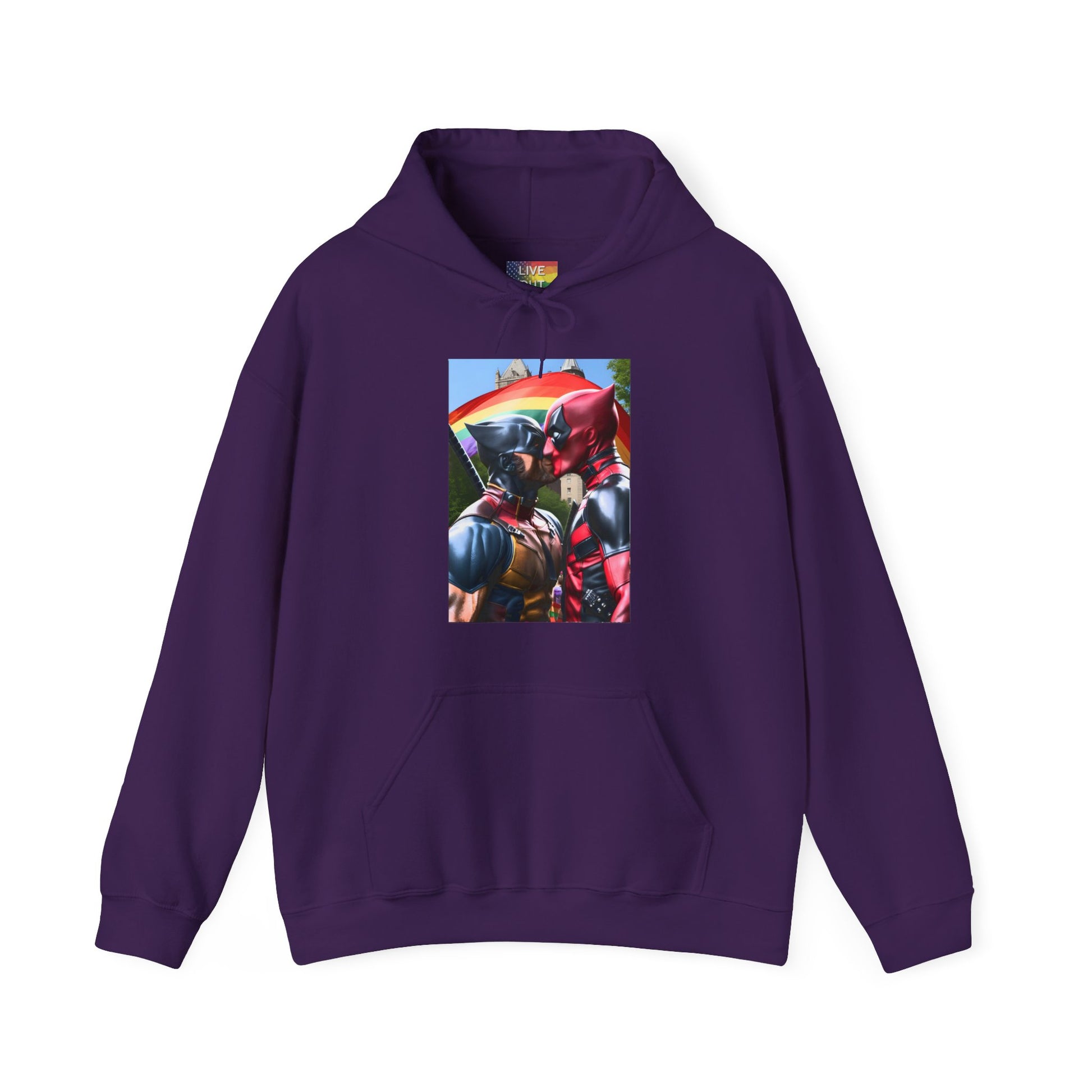 Deadpool Wolverine Superhero Kiss at Gay Pride Hooded Sweatshirt Purple Hoodie