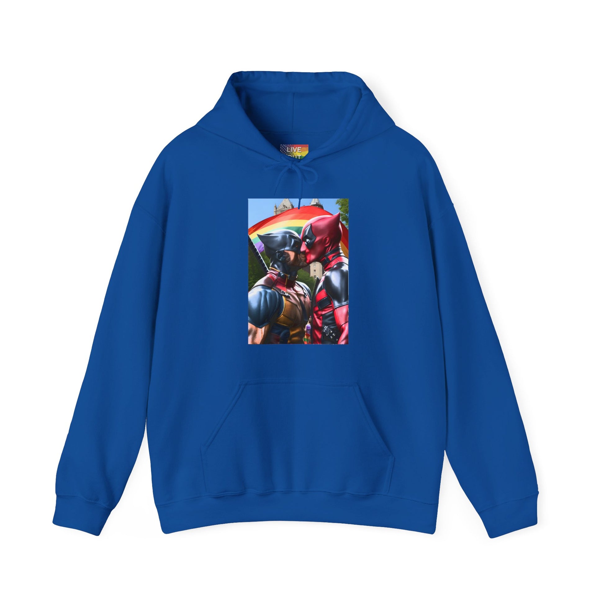 Deadpool Wolverine Superhero Kiss at Gay Pride Hooded Sweatshirt Royal Blue Hoodie