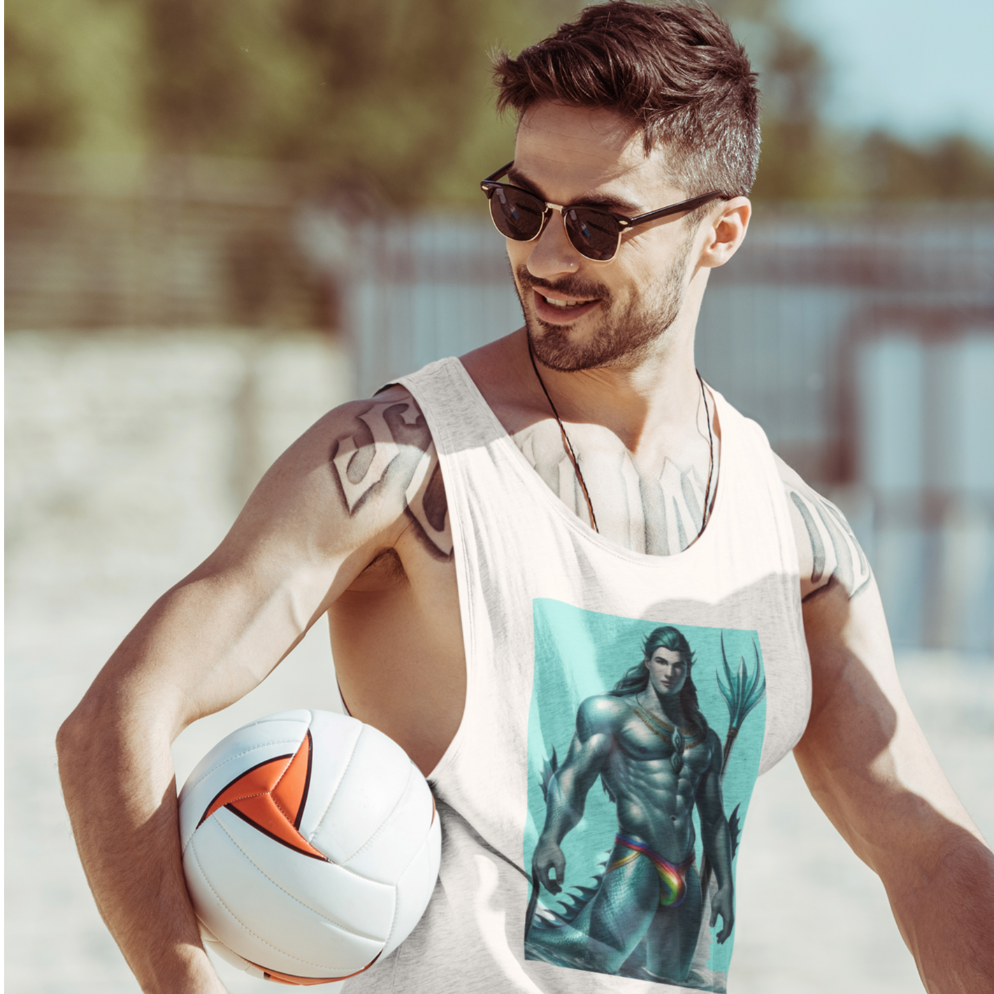gay aqua merman sea creature tank top worn by gay guy playing volleyball at the beach