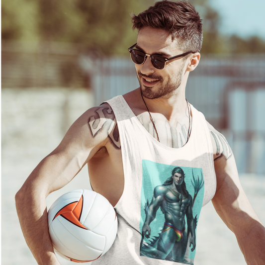 gay aqua merman sea creature tank top worn by gay guy playing volleyball at the beach