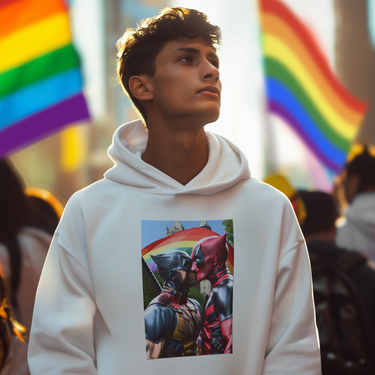 Deadpool Wolverine Superhero Kiss at Gay Pride Hooded Sweatshirt White Hoodie