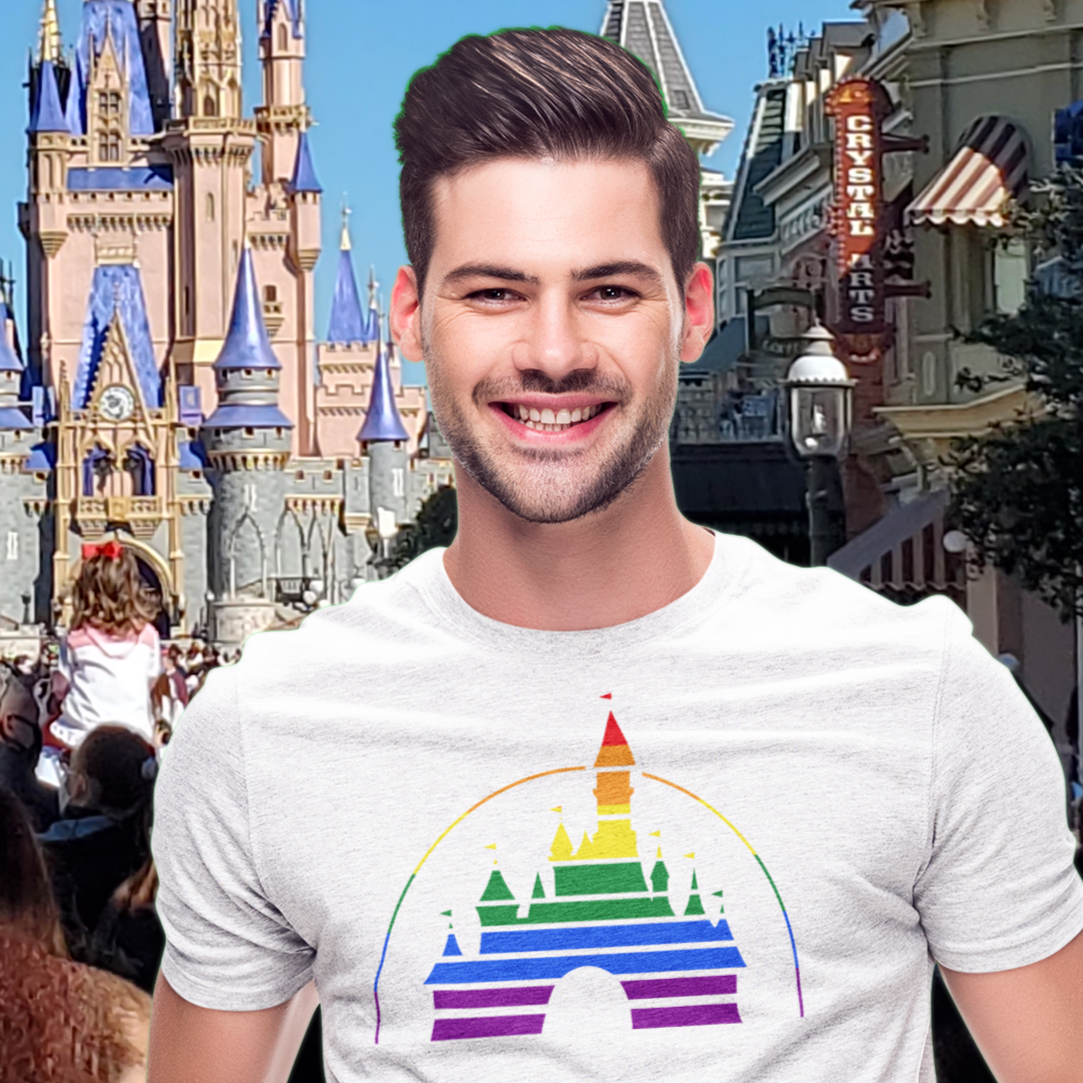 Gay man with rainbow Cinderella Castle T-Shirt