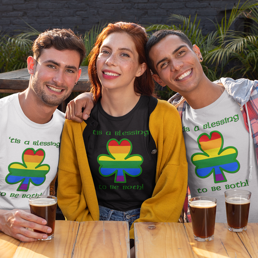 Three people sitting at a table with rainbow-themed gay irish shirts and drinks.