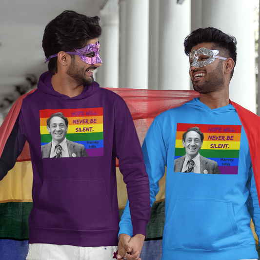 Gay couple wearing Harvey Milk Gay Pride Hoodies