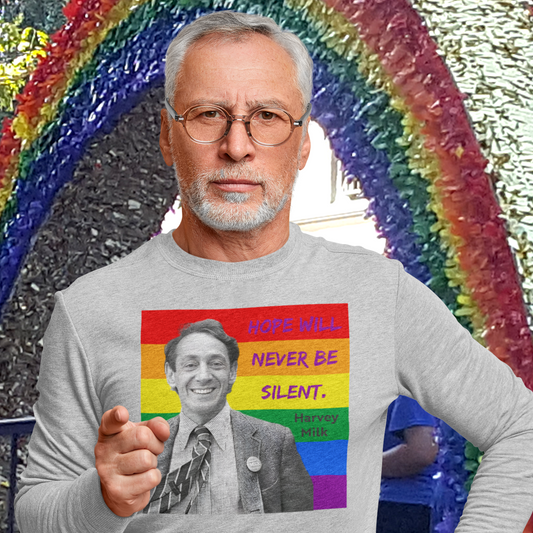Harvey Milk Gay Pride Long Sleeve T-Shirt worn by a mature gay man Dad