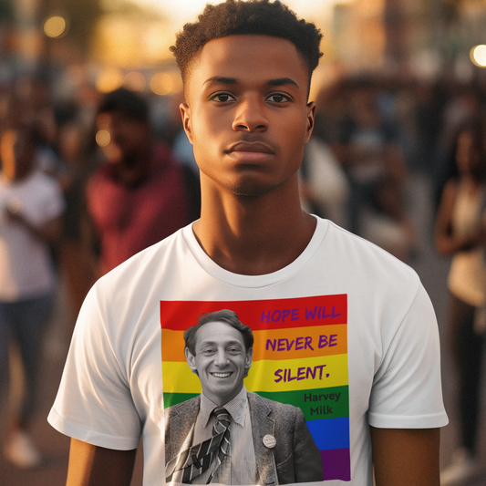 African American Gay Man wearing a Harvey Milk Gay Pride T-Shirt
