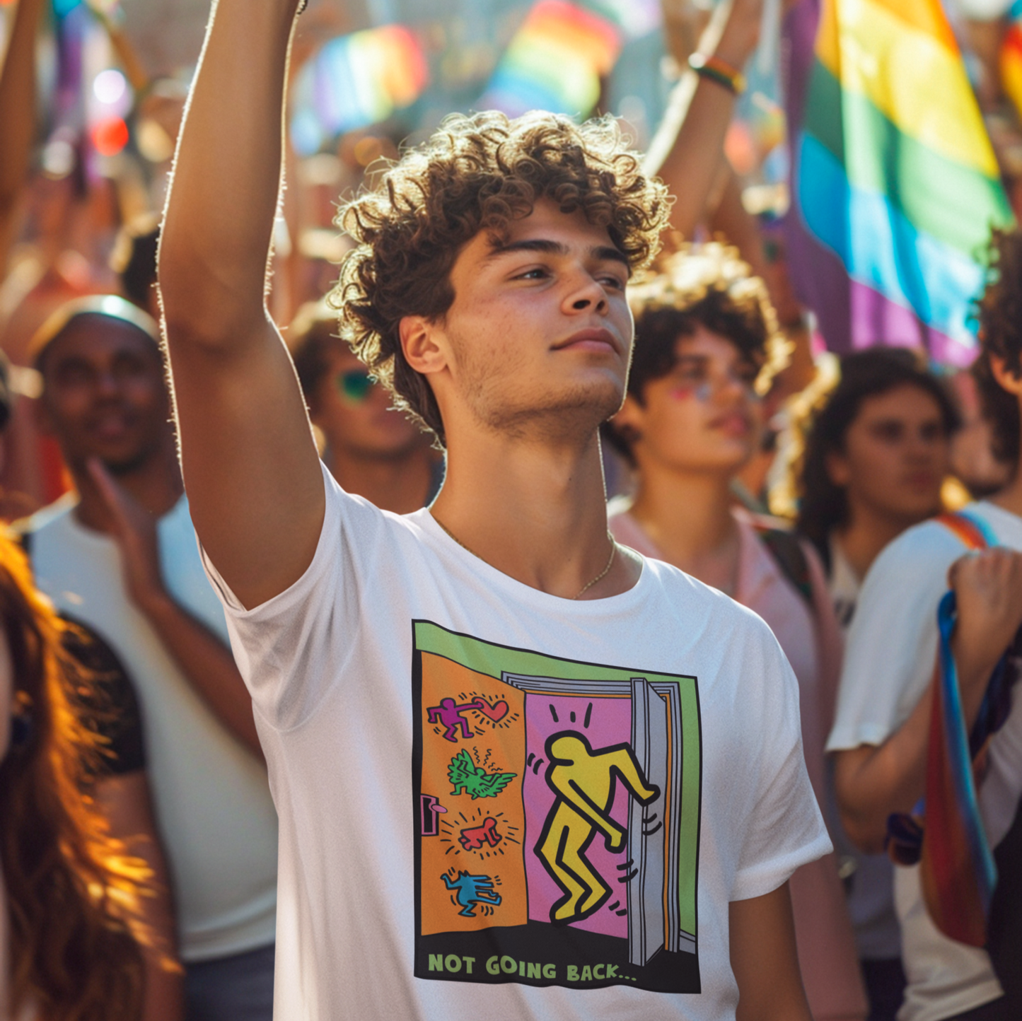 Not Going Back Gay Pride T-Shirt worn by Gay man at Gay Pride