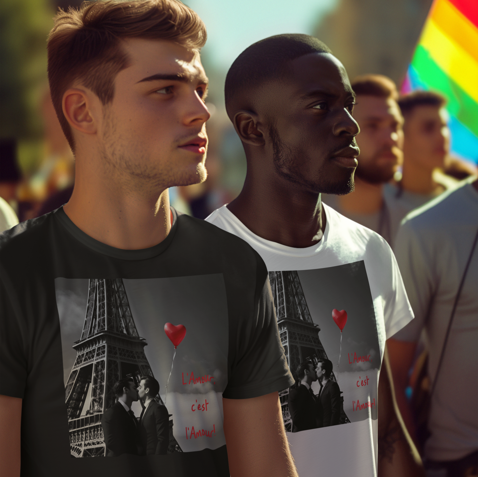 Gay Paris L'Amour, c'est L'Amour T-Shirt (Love is Love) gay couple at gay pride