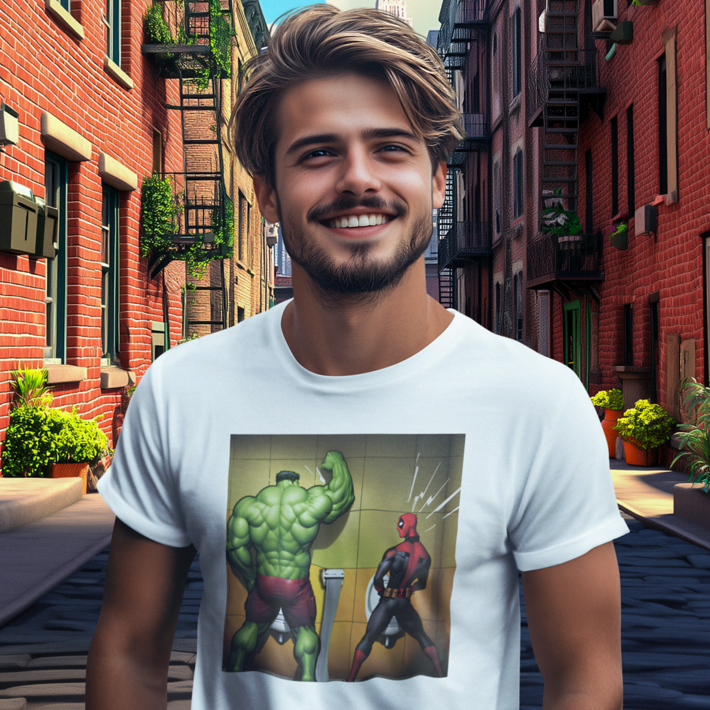 Hulk and Deadpool peeing at urinals t-shirt gay guy in the city