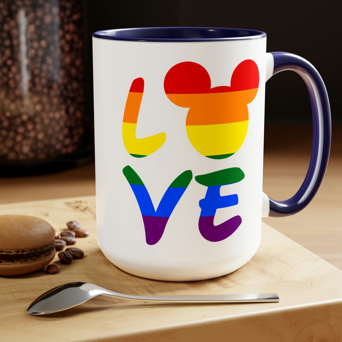 Tazas de café de dos tonos LGBTQ Rainbow Mouse LOVE, 15 oz