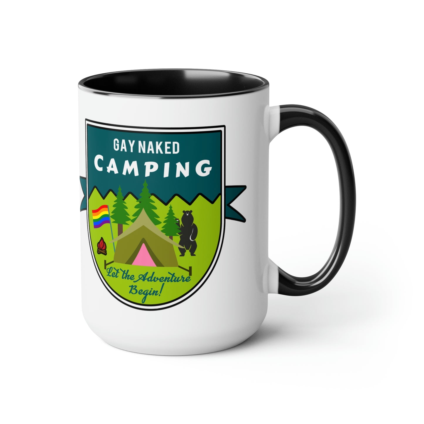 Tasses à café bicolores Gay Naked Camping Badge, 15 oz