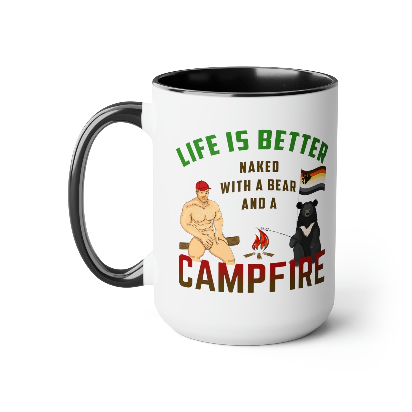 La vie est meilleure nue avec un ours et une tasse à café bicolore de feu de camp, 15 oz