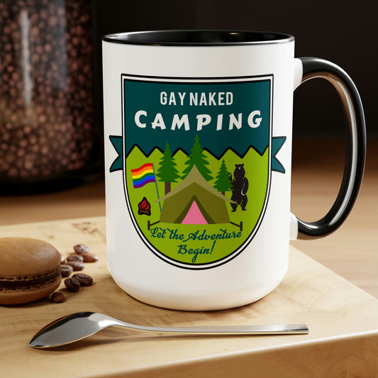 Insignia de camping desnuda gay Tazas de café de dos tonos, 15 oz