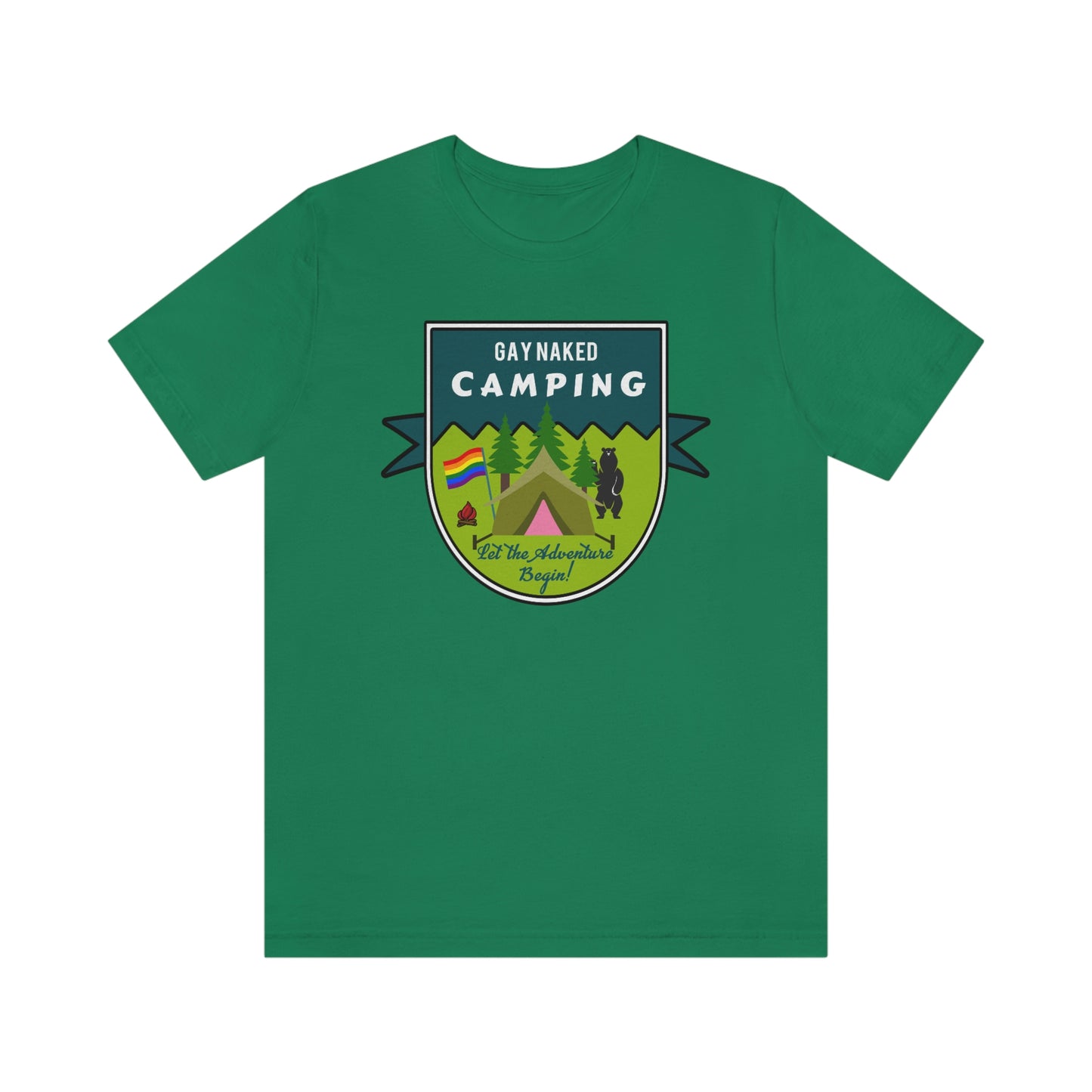 Camiseta unisex para adultos con insignia de camping desnuda gay