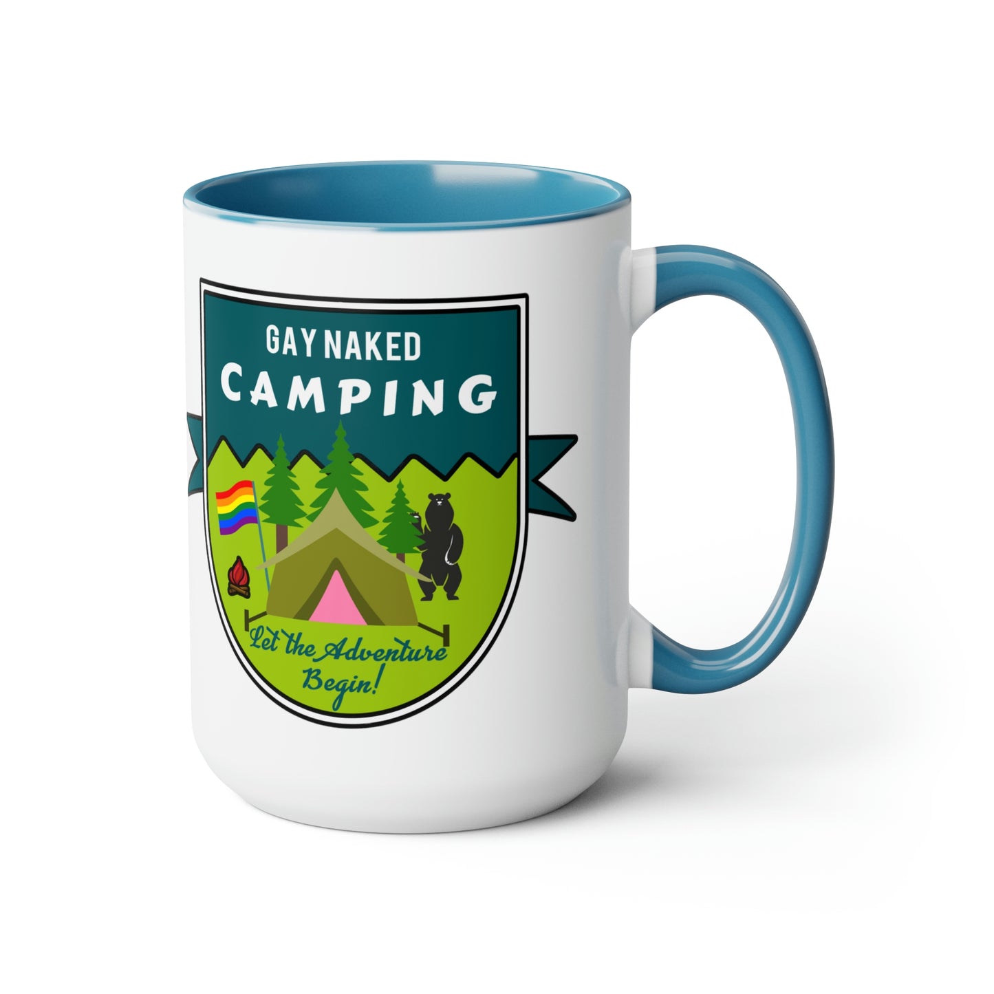 Gay Naked Camping Badge Two-Tone Coffee Mugs, 15oz