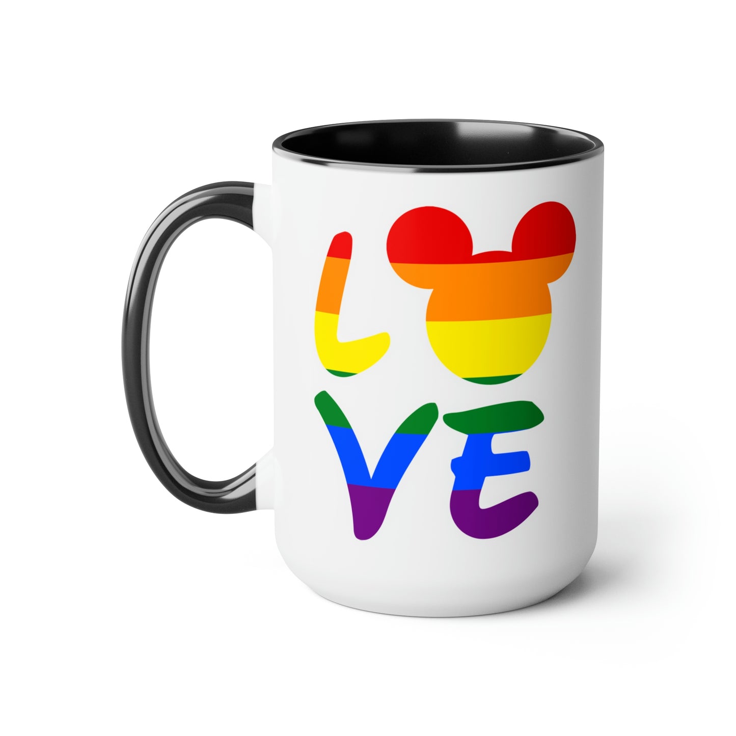 Tazas de café de dos tonos LGBTQ Rainbow Mouse LOVE, 15 oz
