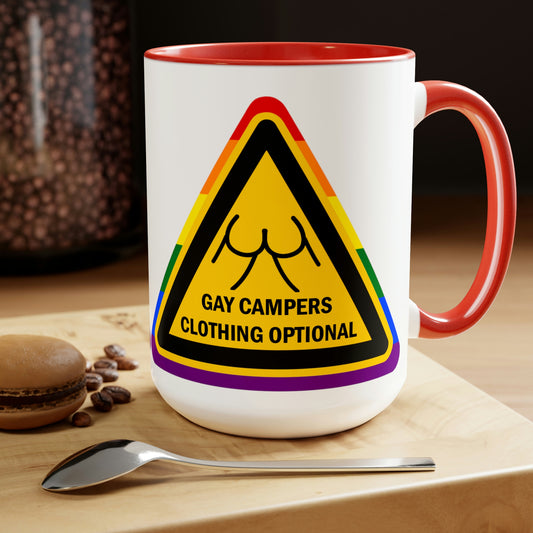 Gay Campers - Tasses à café bicolores avec panneau d'avertissement pour vêtements en option, 15 oz