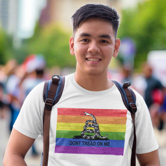 Handsome young gay man wearing a Don't Tread On Me rainbow flag t-shirt