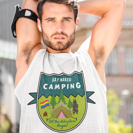 Camiseta sin mangas unisex para adultos con insignia de camping desnuda gay