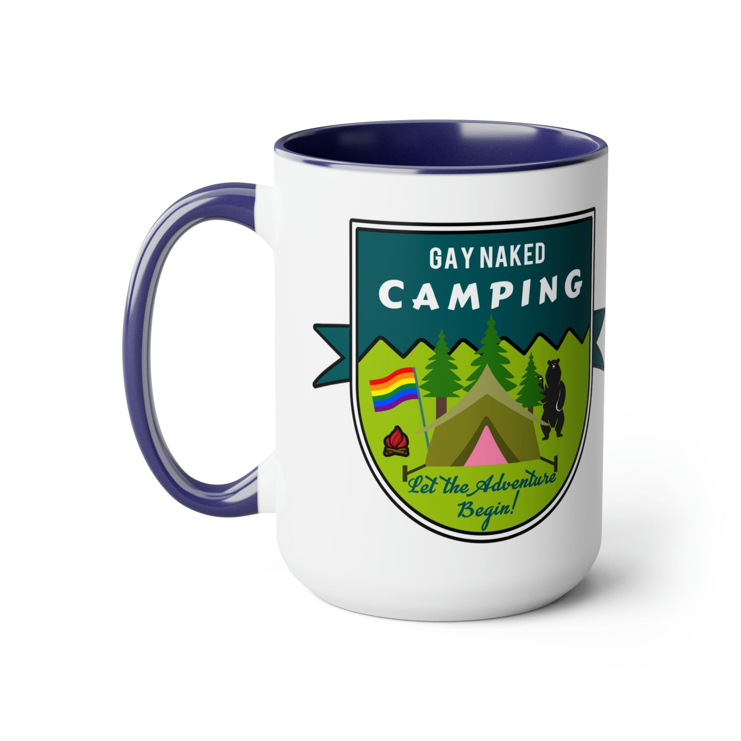Gay Naked Camping Badge Two-Tone Coffee Mugs, 15oz