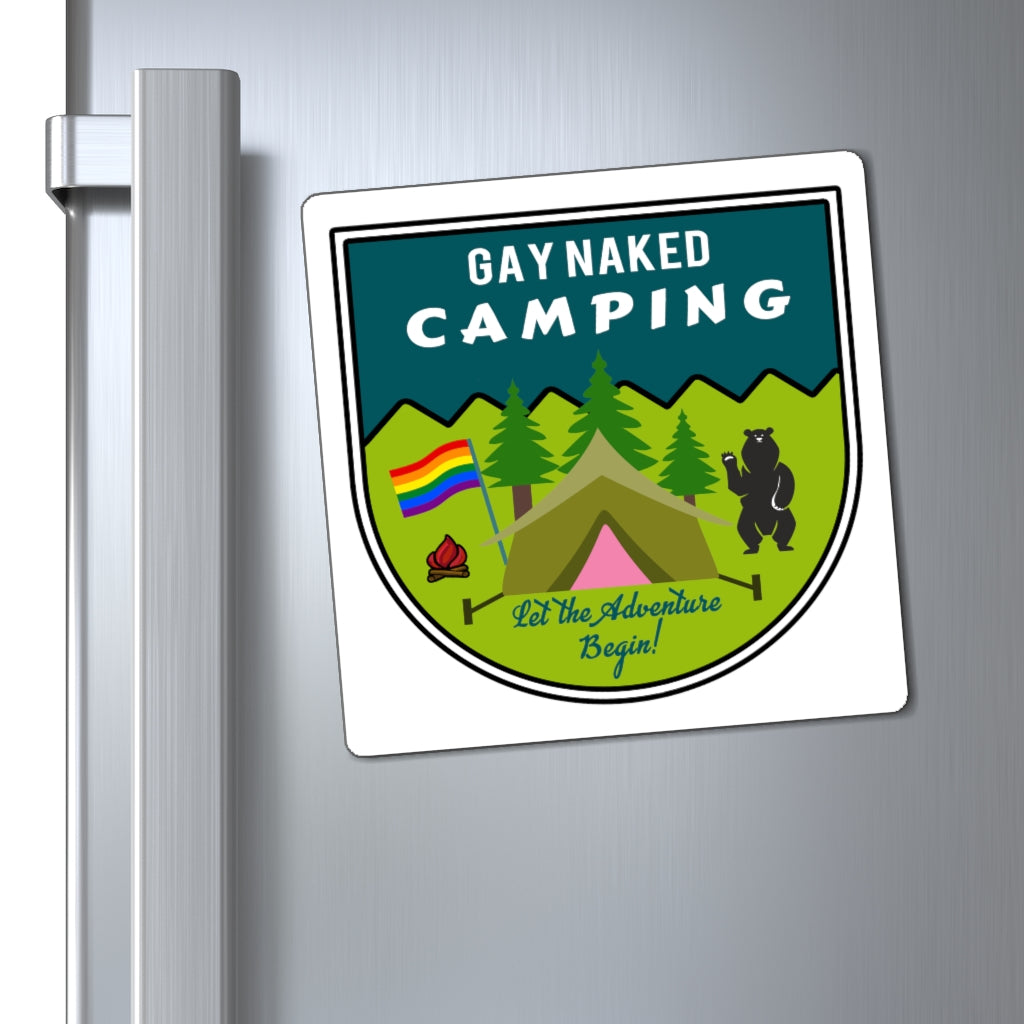 Imán de insignia de camping desnudo gay